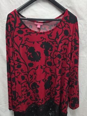Woman Within Red Long Sleeve Tee with Black Floral Motif and Lace Trim